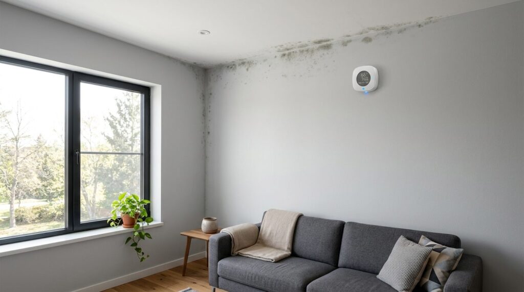 Wide angle view of a modern living room corner showing early