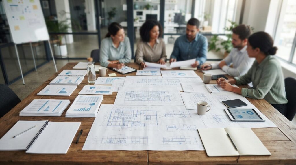 Overhead view of a wooden conference table with business doc