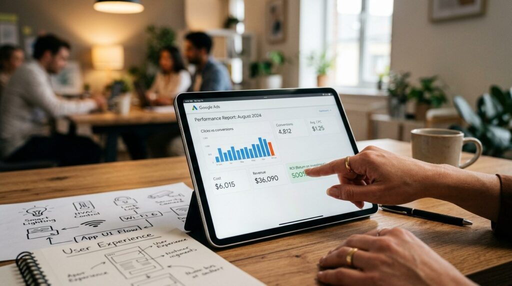 Close-up of hands pointing at tablet screen showing Google A