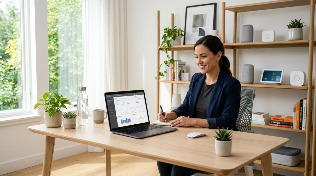 Modern home office workspace with laptop displaying Google A