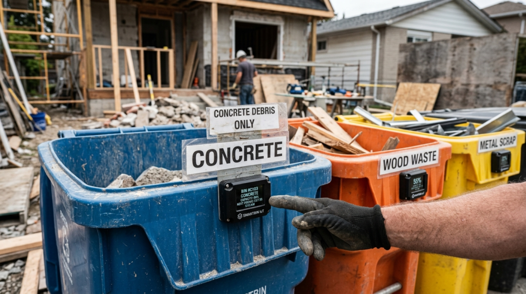Close-up detail shot of smart waste sorting station at a hom