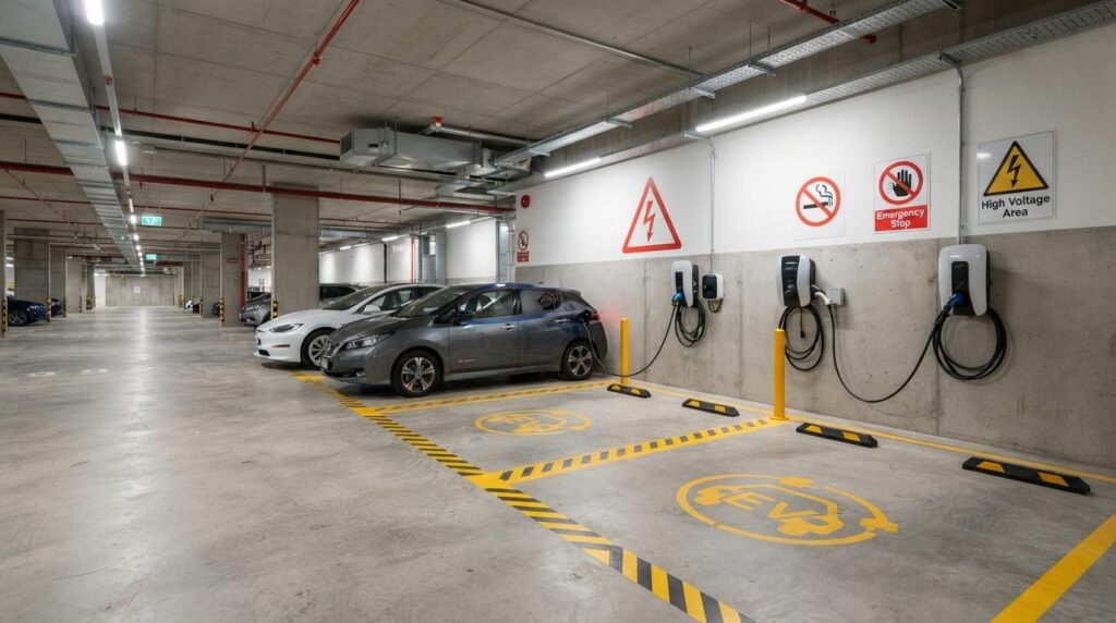 Wide angle basement parking area photograph showing multiple