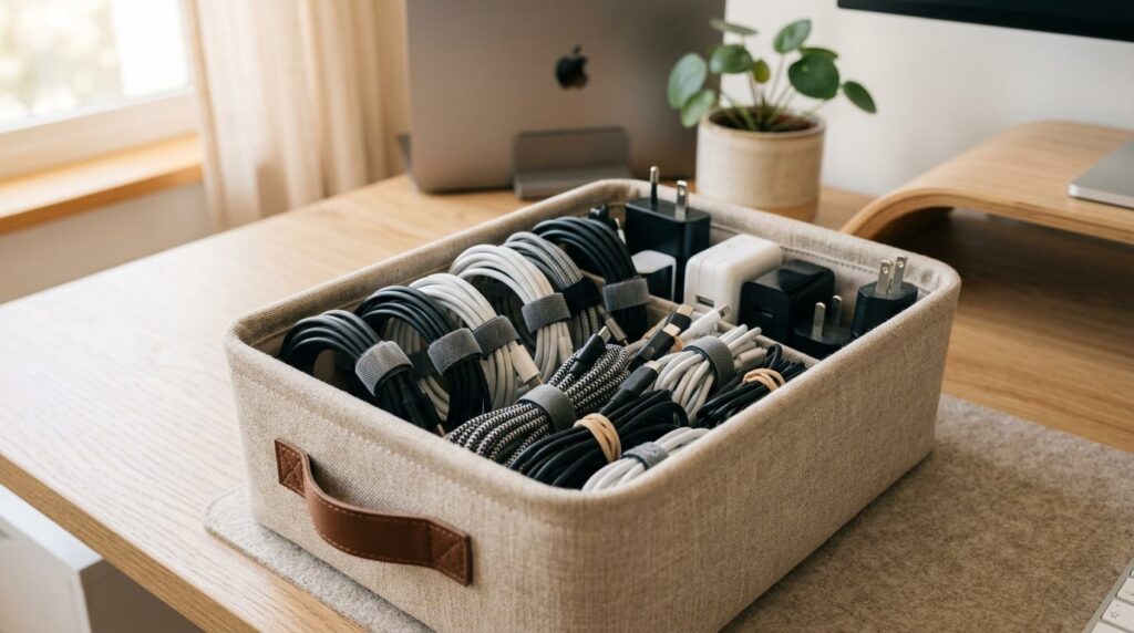 Close-up product shot of a beige linen storage basket contai