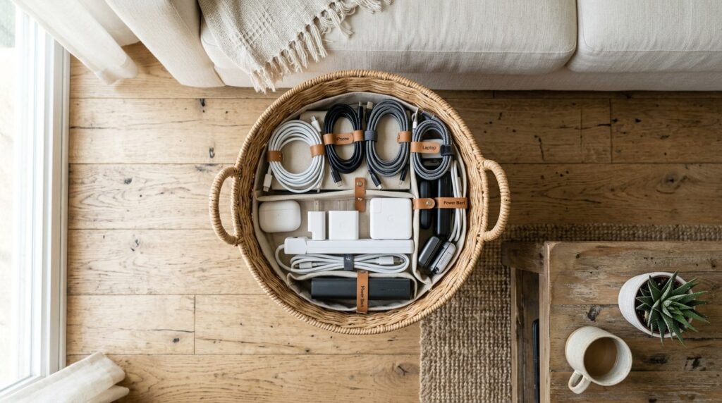 Flat lay overhead view of a woven wicker storage basket fill