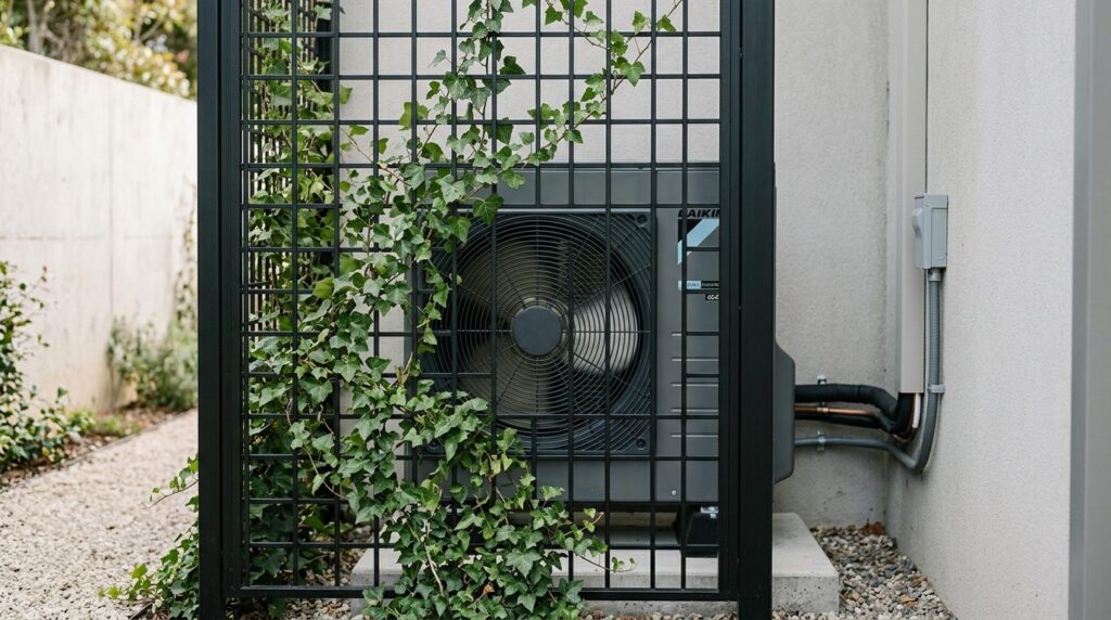 Close-up detail shot of a heat pump outdoor unit partially h