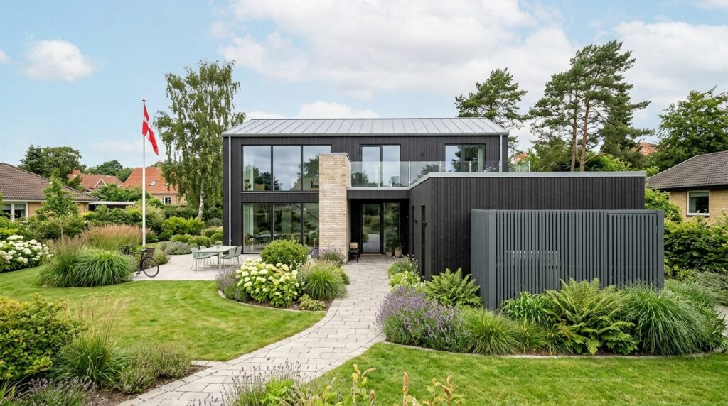 Wide angle exterior view of a contemporary Danish home with 