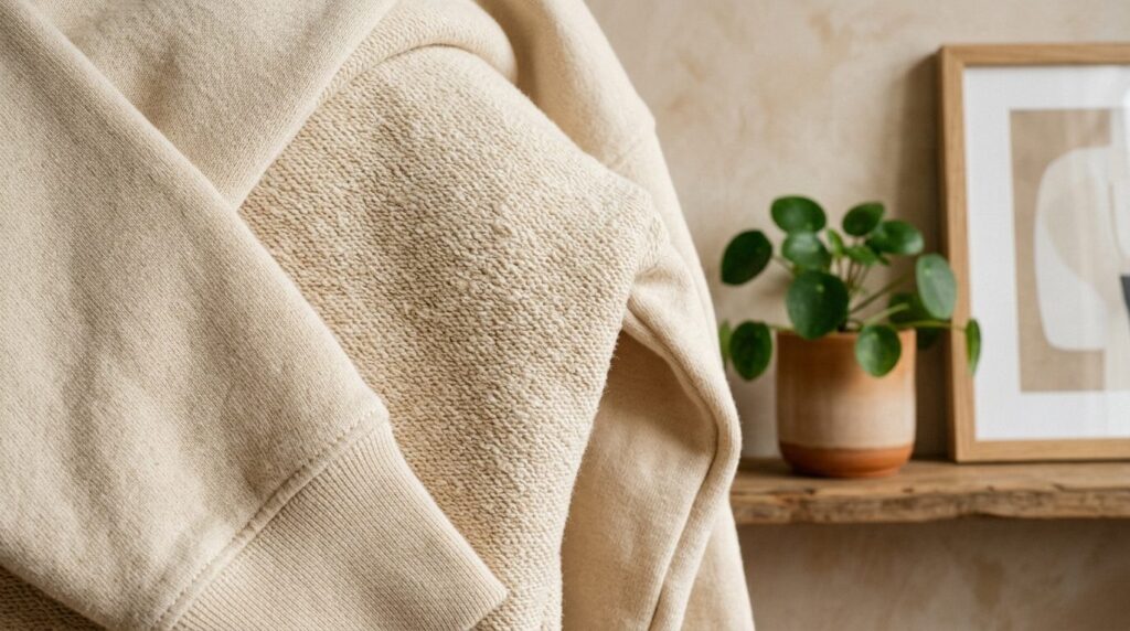 Close-up detail shot of high-quality sweatshirt fabric textu