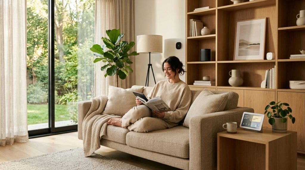 Modern smart home interior scene featuring a relaxed figure 
