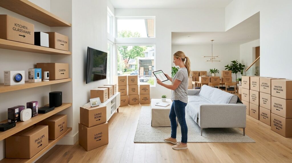 Wide angle view of a residential living room during moving d