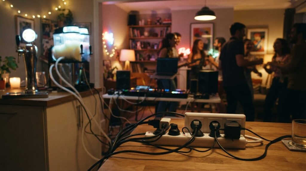 Photorealistic stock image, 16:9 format, indoor home party s