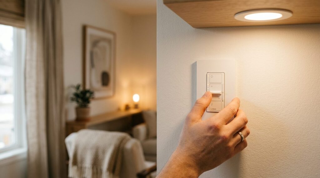 Close-up detail shot of a hand adjusting a smart home contro