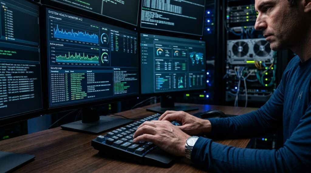 Close-up of male IT consultant hands typing on keyboard whil