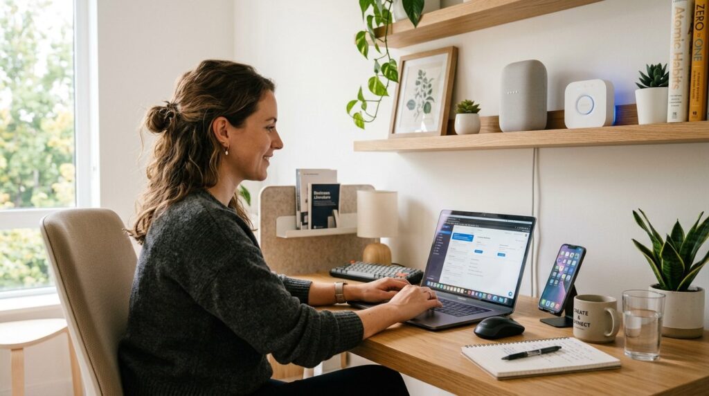Female entrepreneur working from home office desk with lapto