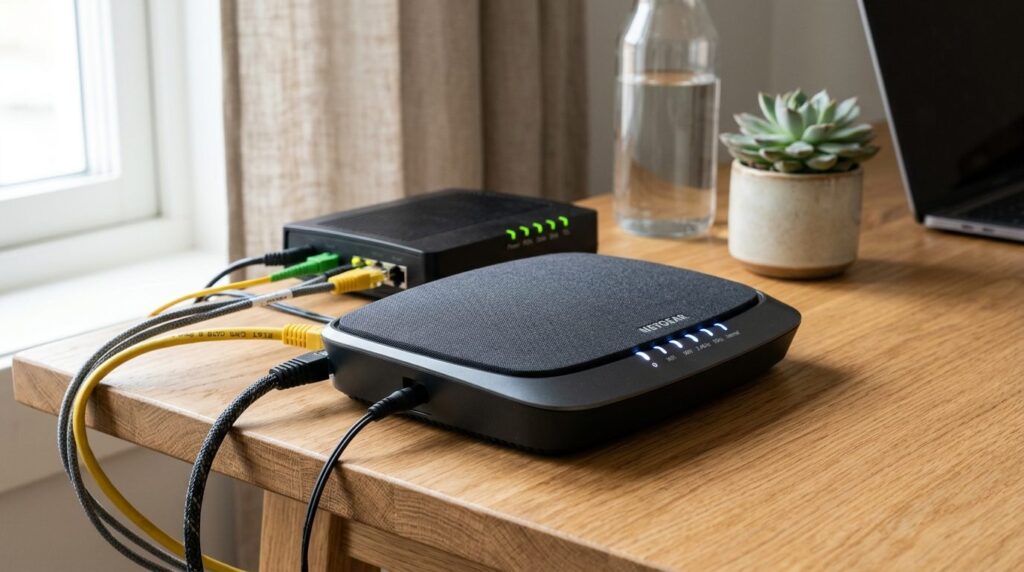 Close-up professional shot of a sleek modern WiFi router and