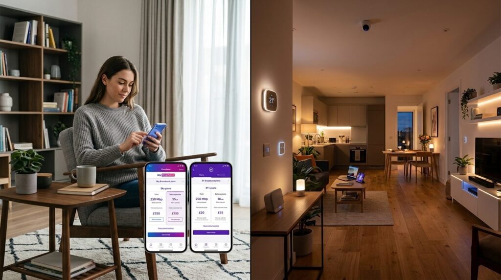 Split-screen concept: left side shows a person holding a sma