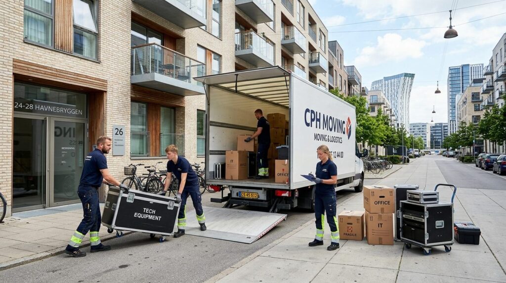 Moving truck parked outside contemporary Copenhagen resident