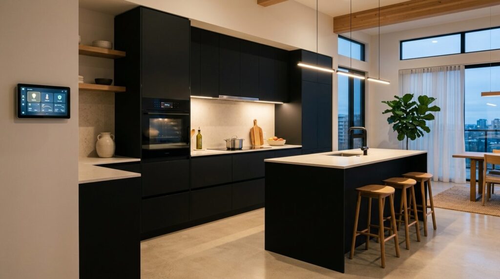 Contemporary smart kitchen interior featuring flat-front cab