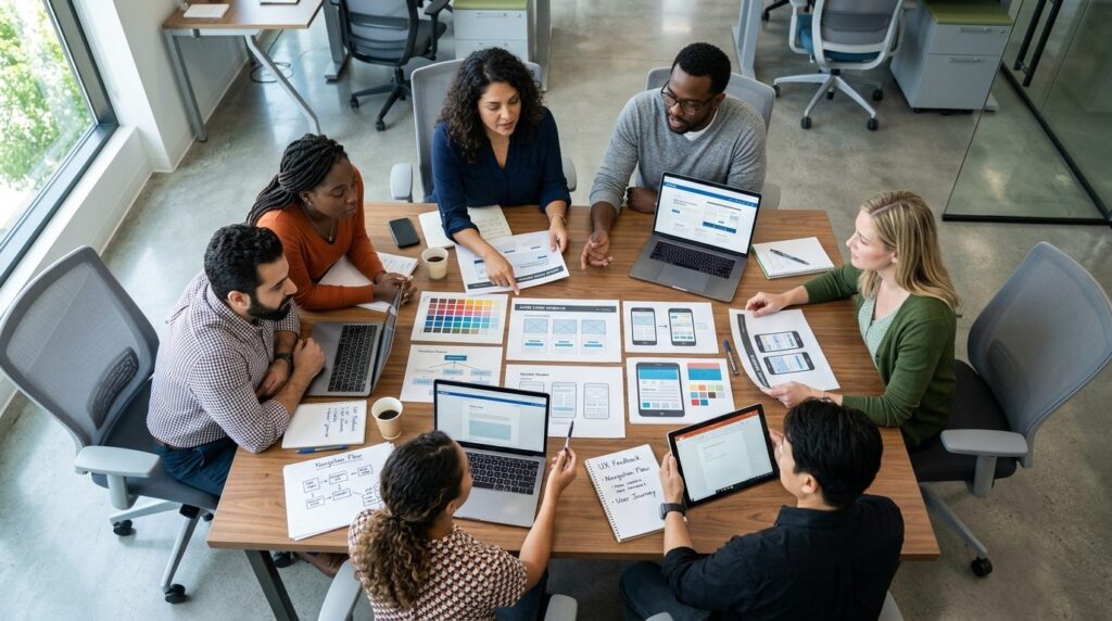 Overhead view of a diverse group of people in casual busines