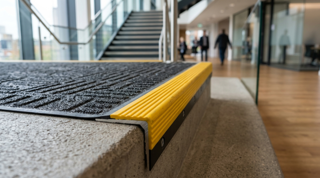 Close-up detail shot of a premium anti-slip stair tread inst