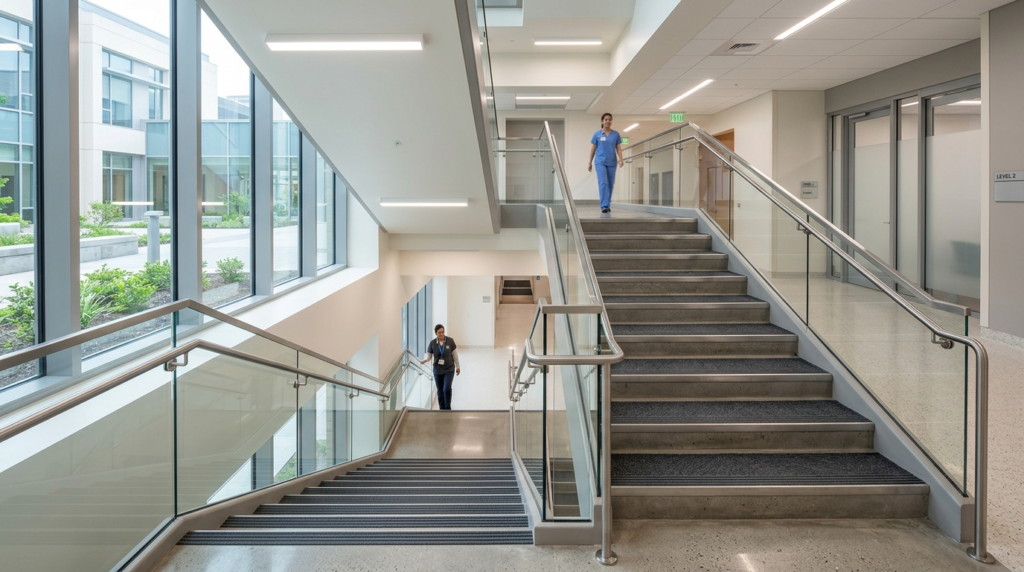 Wide-angle view of a bright institutional stairwell in a mod