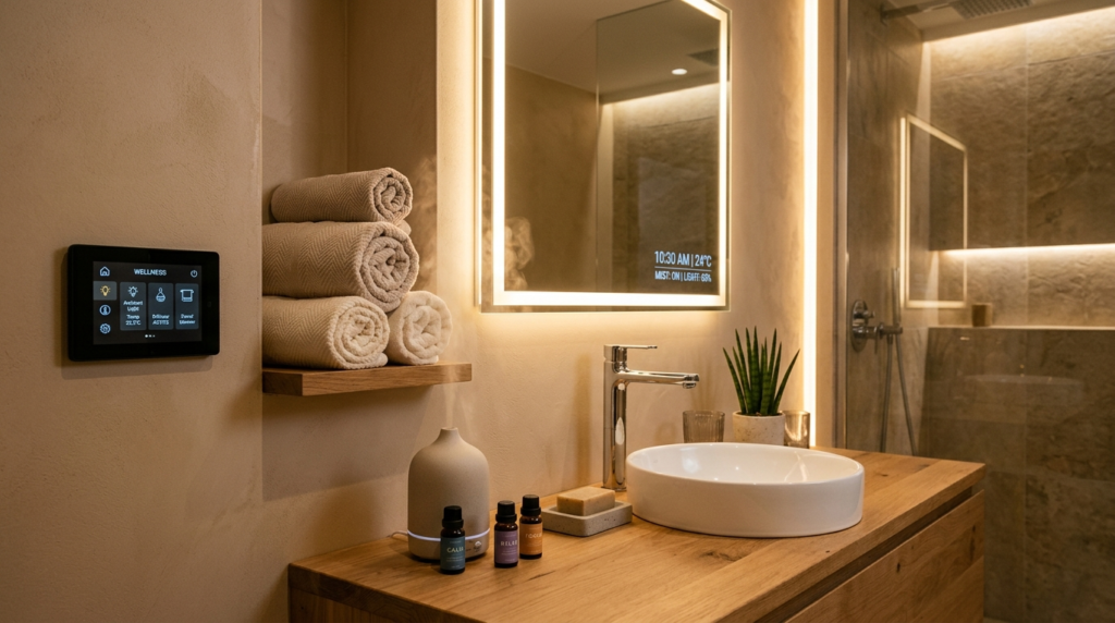 Close-up of a wellness-focused home setup showing a sleek mi