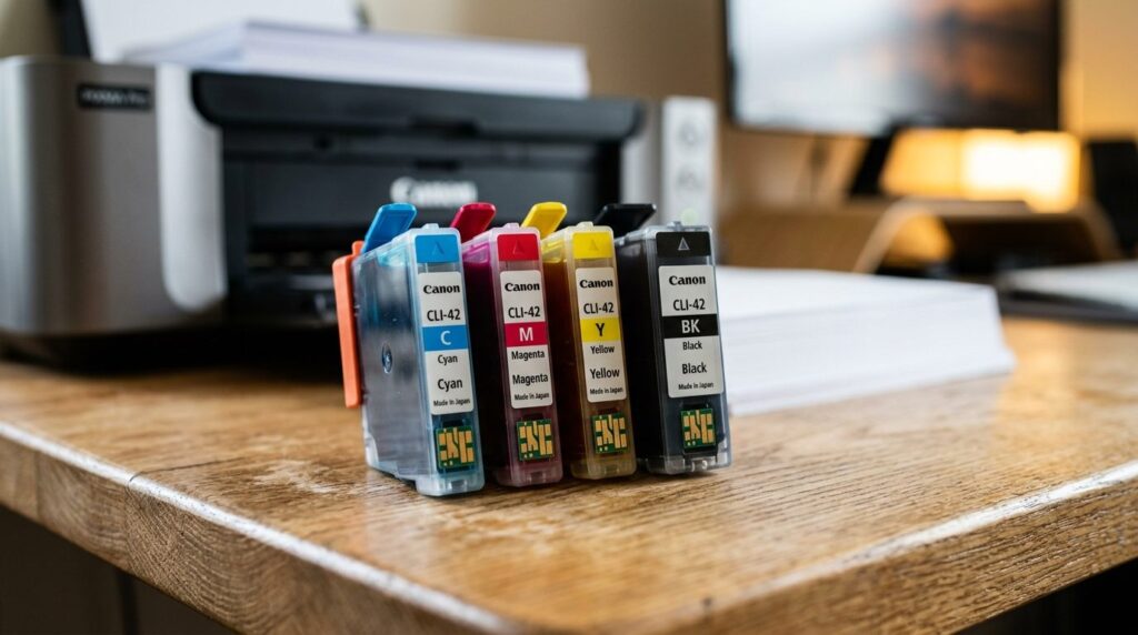 Close-up detail shot of genuine Canon ink cartridges in vibr