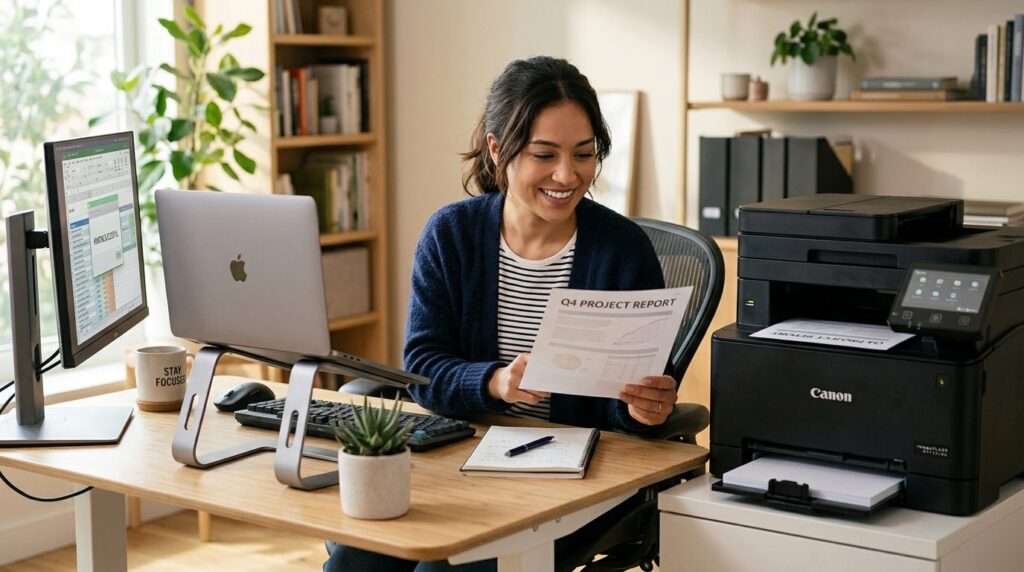 Smart home office worker at desk successfully printing docum