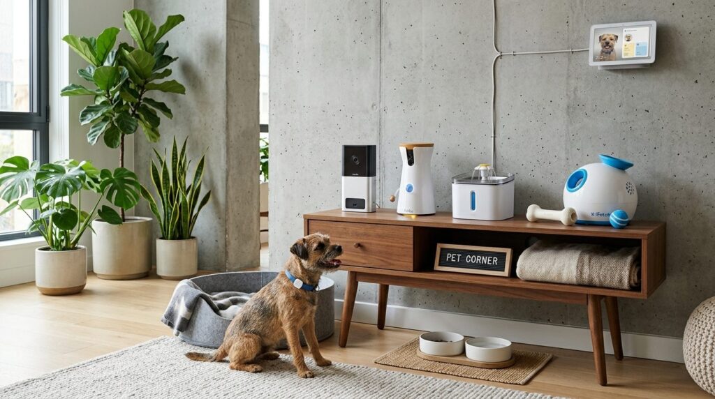 Contemporary smart home pet corner setup photograph showing 